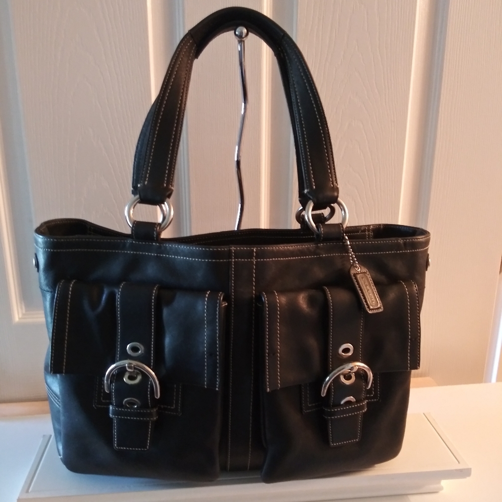 Coach Large Black Leather Soho Double Pocket Satch
